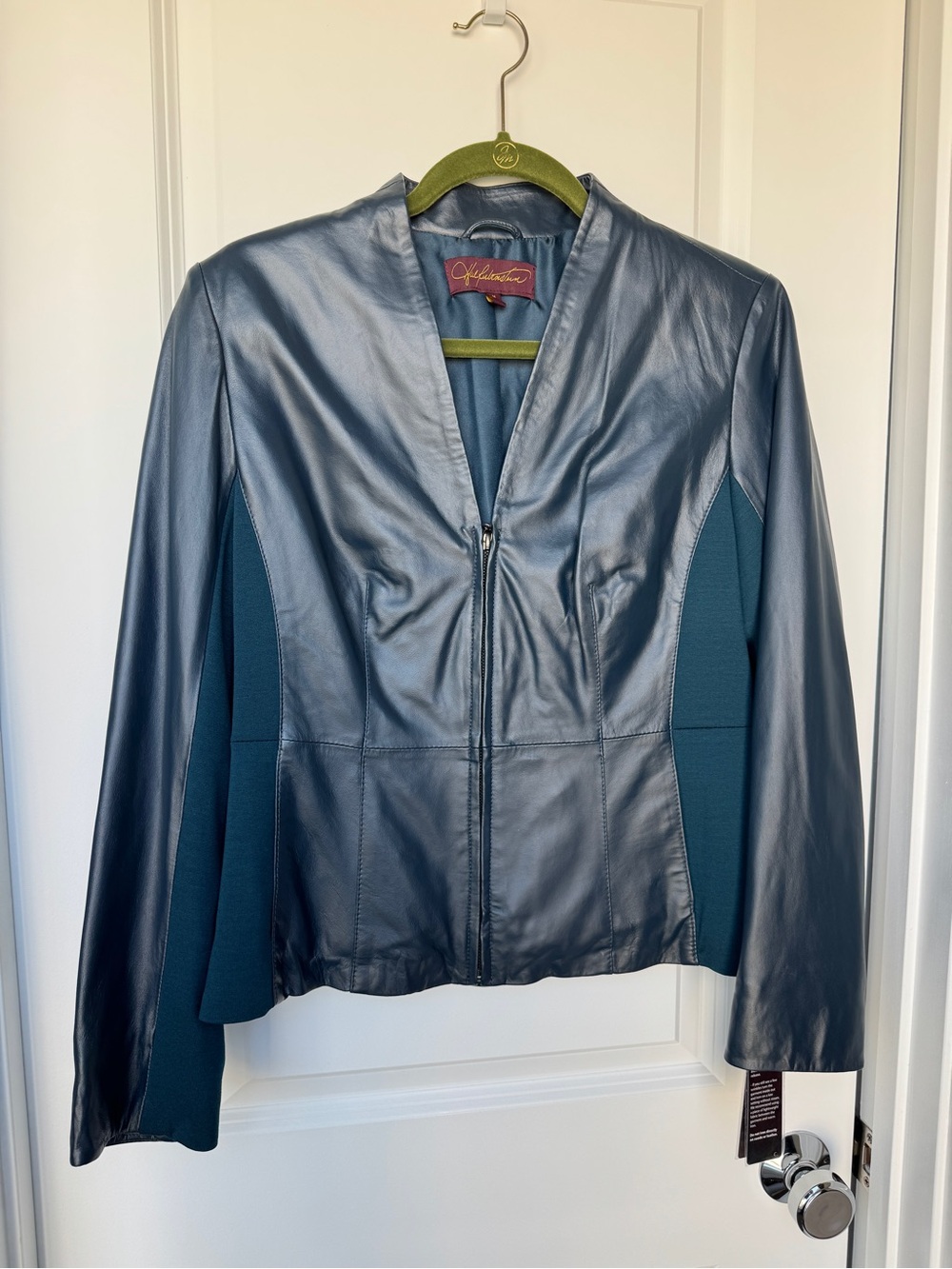 100% Leather Teal Knit Panel Zip Jacket